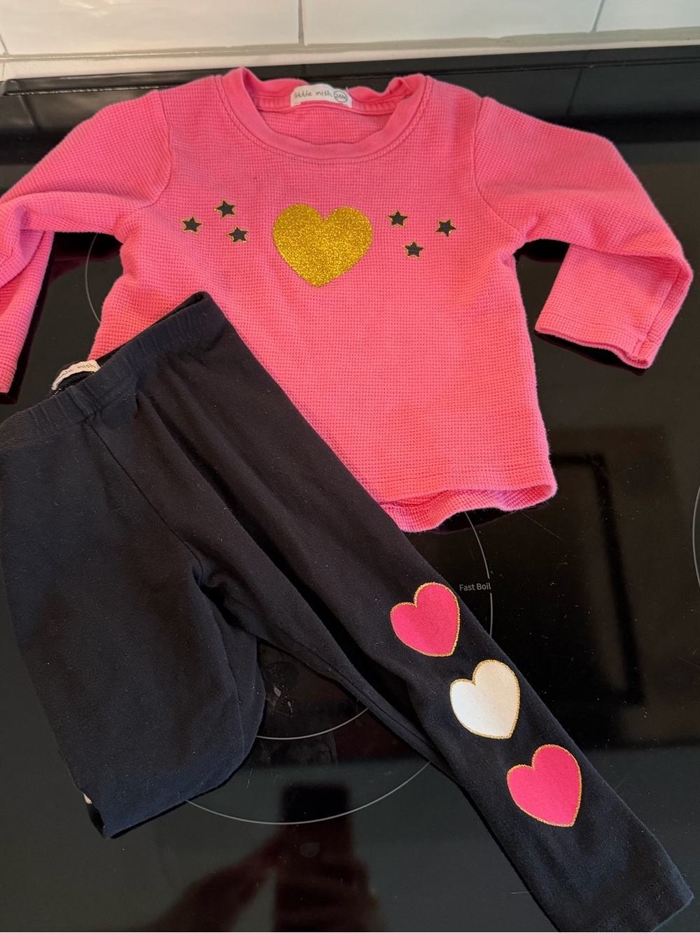 Little Mish Pink Top and Black Leggings Heart Set